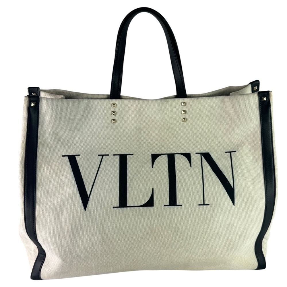 VALENTINO GARAVANI VLTN Rockstud Tote Bag In White Canvas Black Leather Trim